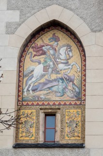 Mosaic mural from 1890 by Wilhelm Walter at the central castle gate, Siegfried the Dragon Slayer,