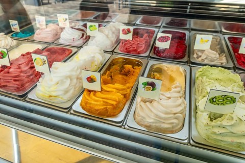 Showcase presenting many colorful artisanal gelato flavors, including kiwi, mango, passion fruit,