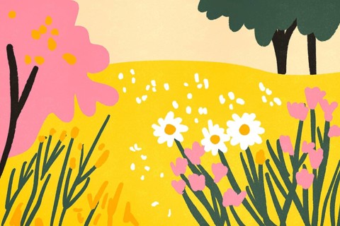 A cheerful illustration featuring a colorful spring landscape with blooming flowers and lush trees