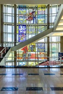 Stained glass window depictions from the history of the German labor movement by Walter Womacka in