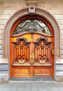 Artfully designed solid wood entrance door, Palma de Majorca, Spain