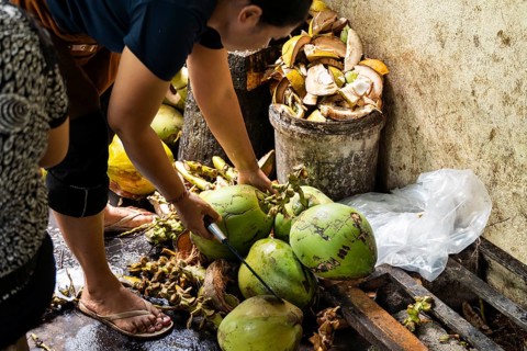 A person skillfully uses a knife to open coconuts, surrounded by coconut husks. The setting is a