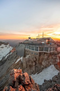 Modern mountain station of the Bavarian Zugspitze railway at the summit of the Zugspitze, view of