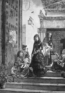 The Cathedral in Toledo, at the Tor tor of the Prodigal Son churchgoers give alms to beggars,