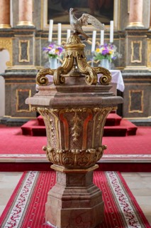 Baptismal font from 1736, in the Protestant parish church, built 1733-1748, Hauptstr. 44,