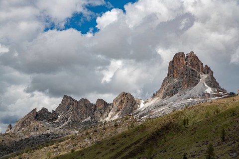 Breathtaking view of Passo Giau in the Dolomites mountains, Italy. Majestic rocky peaks rise