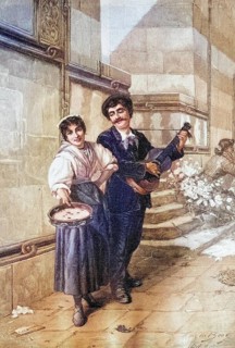 Italian street singers, Verona, Italy, coloured wood engraving, reproduction of an original from ca