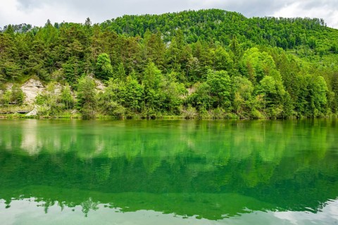 Landscape of Lake Elisabethsee on a rainy day in spring, Austria