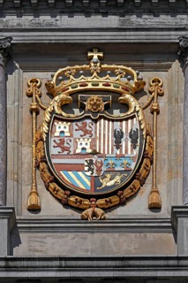 Historic City Hall Stadhuis on the Grote Markt, detailed view of the coat of arms of King Philip II