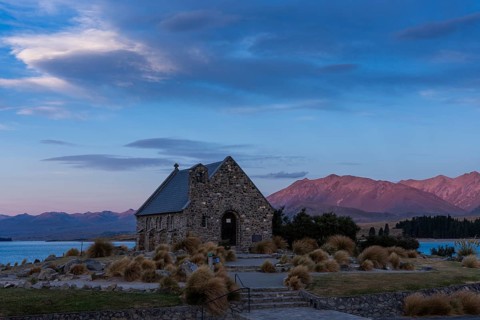 The small church The Church of the Good Shepherd on Lake Tekapo at sunset. Canterbury, South