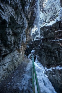 Winter, snowy landscape, icicles, hiking trail through the Breitachklamm gorge near Oberstdorf,