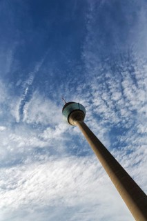 Rhine Tower, diagonal, cloudy sky, Düsseldorf, North Rhine-Westphalia, Germany