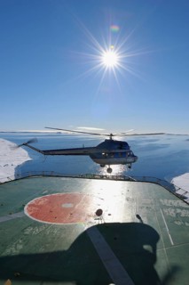 Helicopter landing on icebreaker, Snow Hill Island, Antarctic Peninsula, Antarctica