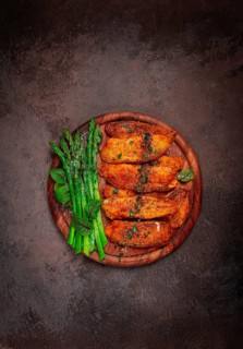 Fried fish fillet, tilapia with asparagus, homemade, no people