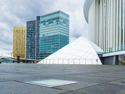 Exterior view of the Grande-Duchesse Joséphine-Charlotte Concert Hall on the Kirchberg Plateau in