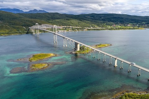 Aerial view of Tjeldsundbrua bridge south of Harstad, Norway