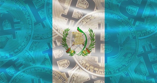 Bitcoin coins on Guatemala flag background. Golden bitcoin coins on Guatemala flag background