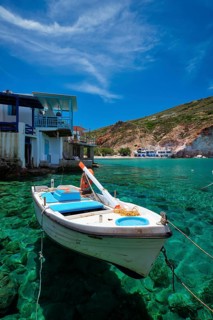 Greek village scenic picturesque view in Greece, fishing boat and fishing village of Firapotamos