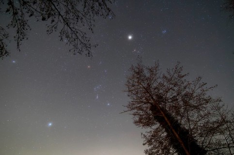A stunning night sky featuring the Orion and Taurus constellations. The bright planet Jupiter, the