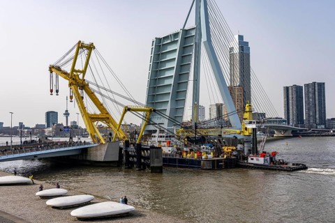 The Hebo Lift 10, supposedly the strongest crane ship in Europe, sails from the Rotterdam inland