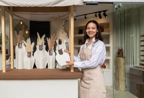 A cheerful woman in an apron stands in a boutique store, arranging decorative items on a counter.