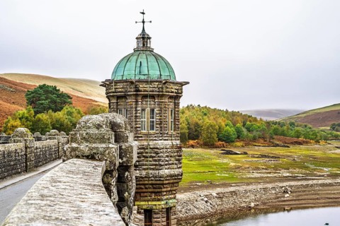 Autumn colors over Craig Goch Dam, Elan Valley Reservoirs, Elan Valley, Rhayader, Powys, Wales, UK