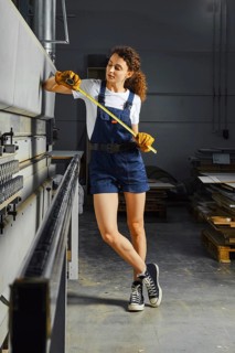 Young woman near a woodworking machine with a steel tape measure in hand