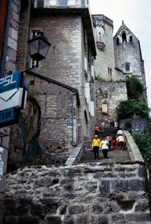 Historic religious buildings in the cliff-top village of Rocamadour, France 1971