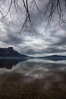 Gloomy clouds in autumn at Lake Mondsee, Salzkammergut, Upper Austria, Austria