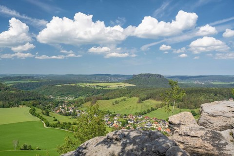 View over Pfaffendorf to Lilienstein, Saxon Switzerland, Saxony, Germany, May 2024