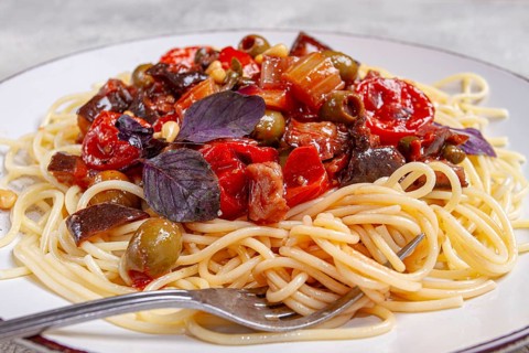 Spaghetti with Sicilian caponata, vegetable stew, Italian cuisine, homemade, no people