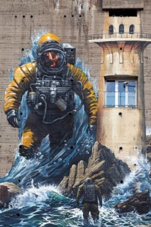 Astronaut standing in surf, mural on the subject of climate change on a bunker, by street art