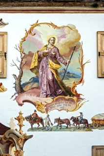 Typical Lüftl painting with brewery team, draught horses, carriage and the patron saint St Jakob,