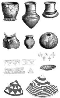 Clay vessels with various ornaments from prehistoric Swiss pile dwellings, History of Mankind,