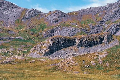 Serene view of the lush and rugged terrain of the Ibones de Anayet located in Huesca, Spain,