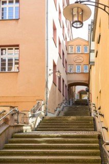 Archway at the New Town Hall with stairs at the portico, the passageway to the
