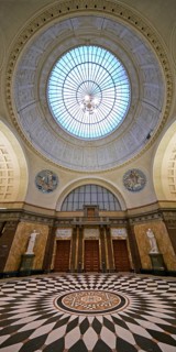 Foyer with glass dome in the spa hotel and Casino in the evening, Wiesbaden, Hesse, Germany
