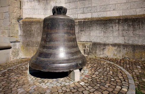Former bell in front of west gable, St. Stephen Protestant Church, Old Town, Lindau, Bavaria, Lake