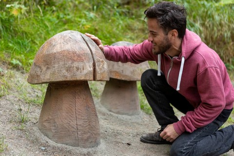 A man in a hoodie kneels beside large wooden sculptures resembling mushrooms, set against a lush