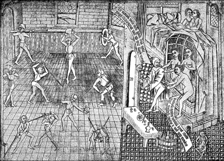 The joy of life, Fencing and a house of prostitution, 15th century, Fechtboden und Frauenhaus,