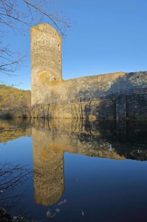 Medieval Baldenau Castle with reflection in the pond, moated castle, Tower, Hundheim, Morbach,
