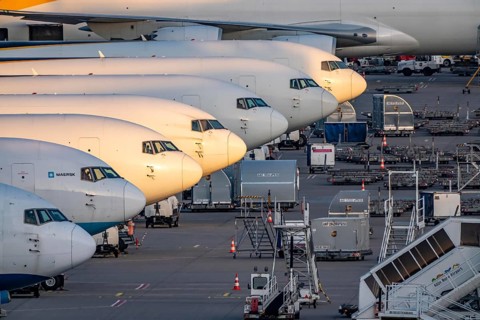 Cologne-Bonn airport, CGN, air freight center, UPS Logisic Hub, UPS cargo aircraft on the apron, at