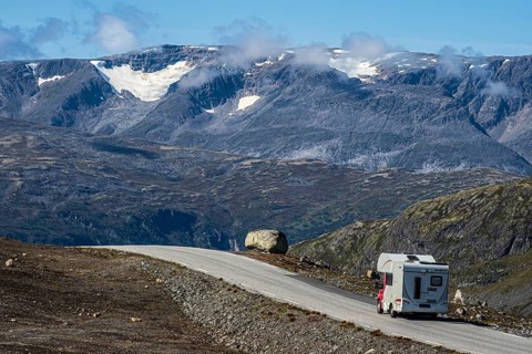 Camper van on mountain road Aurland - Lærdal, gamle Aurlandsvegen, National Tourist Route