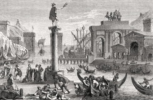 A reconstructed harbour city of ancient Rome
