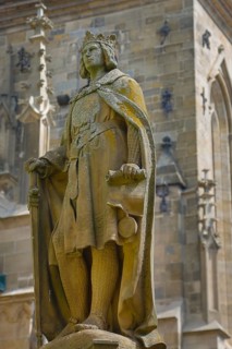 Fountain in front of St Mary's Church in Reutlingen, statue, stone sculpture of Emperor Frederick,