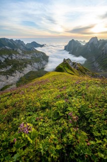 View over Säntis mountains into the valley of Meglisalp at sunrise, Rotsteinpass, high fog in the
