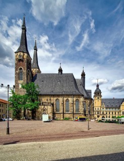 Church of St Jacob and town hall on the market square, Köthen, Saxony-Anhalt, Germany