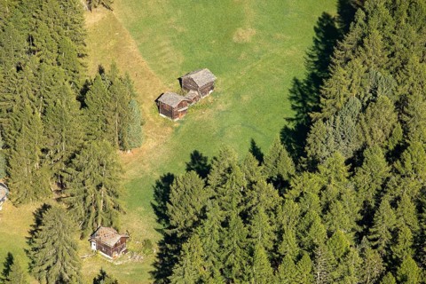 Aerial view of rustic wooden cabins nestled in a lush green meadow surrounded by dense forests in