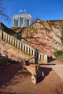 Saarbrücken Castle, architectural style baroque, cannon, stone staircase, sandstone railing,