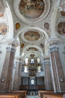 Church, Baroque Basilica of St. Mang, interior view, organ and ceiling frescoes, Füssen, Ostallgäu,
